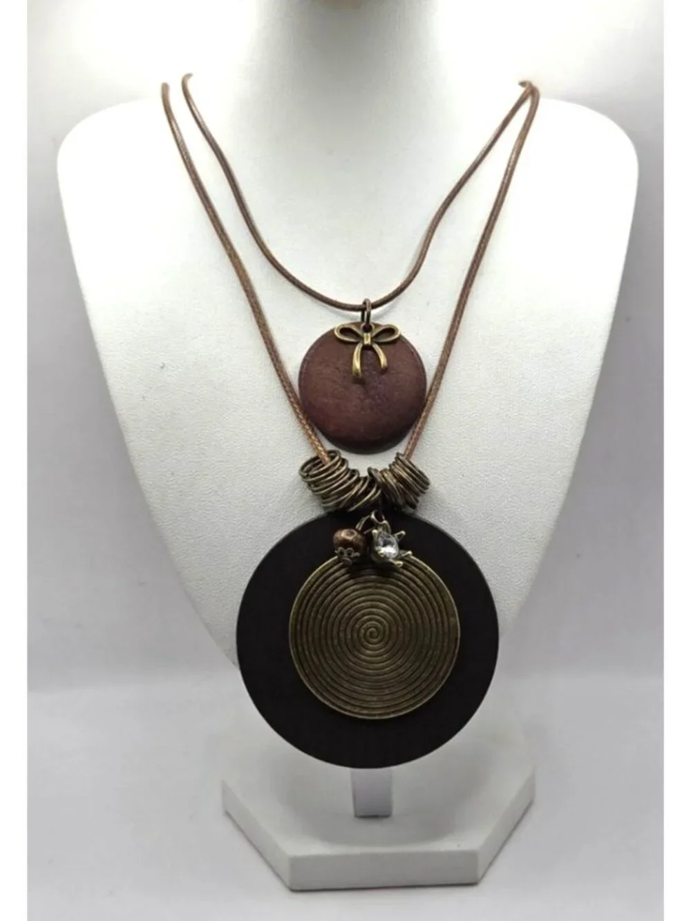 Layered Pendant Necklace With Wooden & Metal Accents Crystal Detail Adjustable C